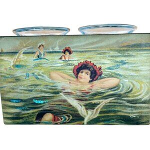 Vintage-Inspired Double Glass Candle Holder With Bathing Beauty Art Print & Glit